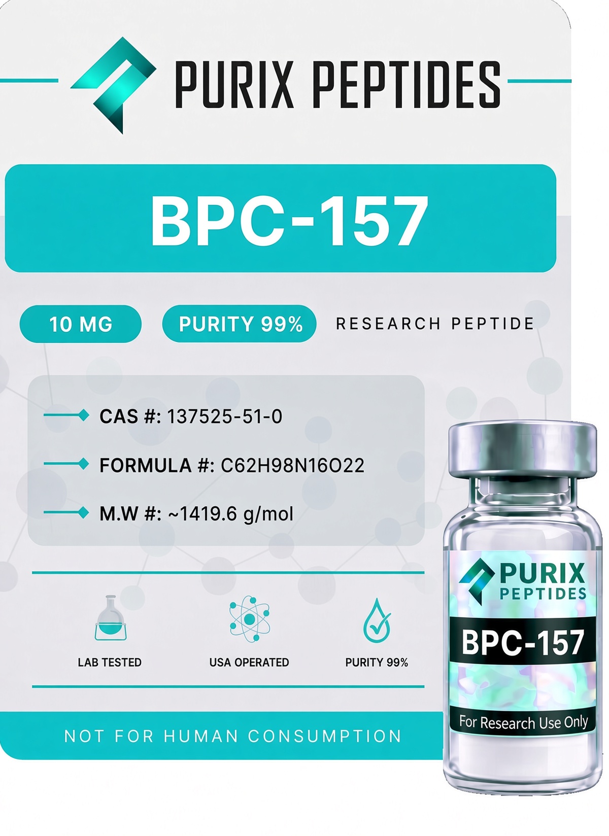 Purix Peptides BPC-157 10mg Research Peptide Vial – 99% Purity, Lab-Tested