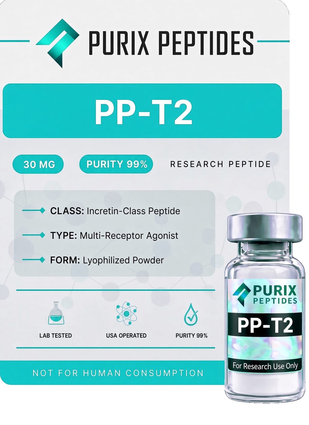 Purix Peptides PP-T2 30mg Incretin-Class Research Peptide Vial